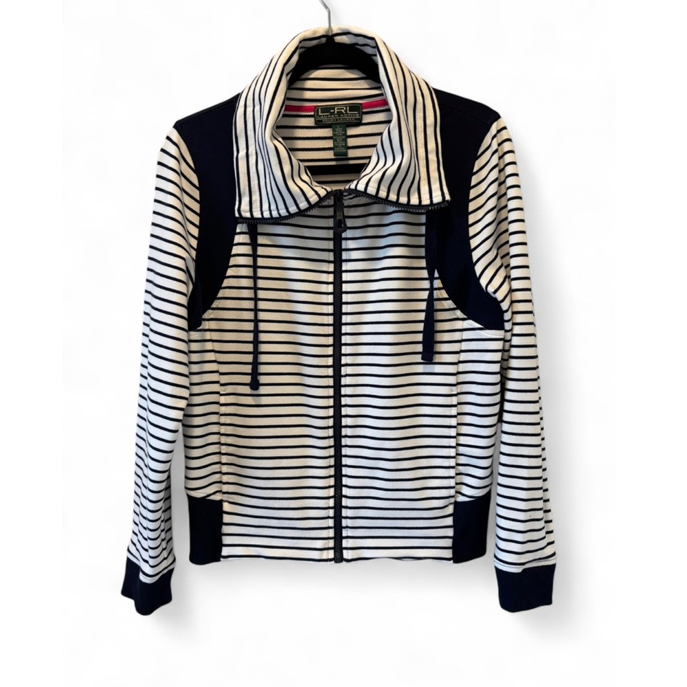 Ralph Lauren Navy and White Striped Pop Collar Zip-up Jacket w/ Drawstrings